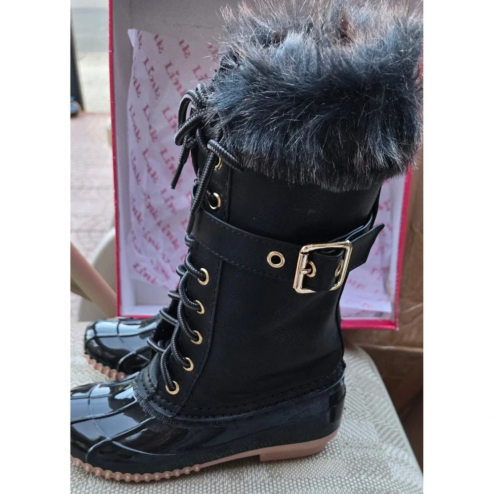 Link Girls Black Duck Boots Faux Fur Trim Winter Snow Shoes Size 13